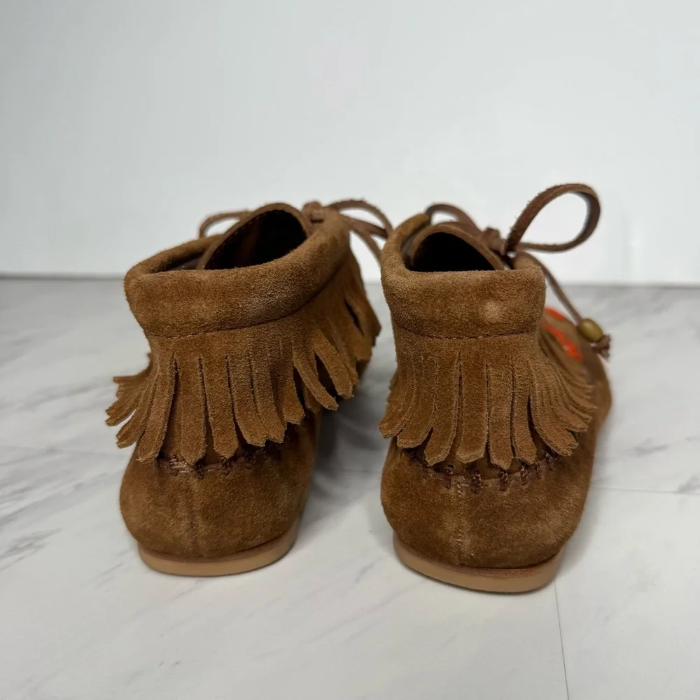 Tory Burch Huntington Fringe Embroidered Brown Suede Moccasins 6M